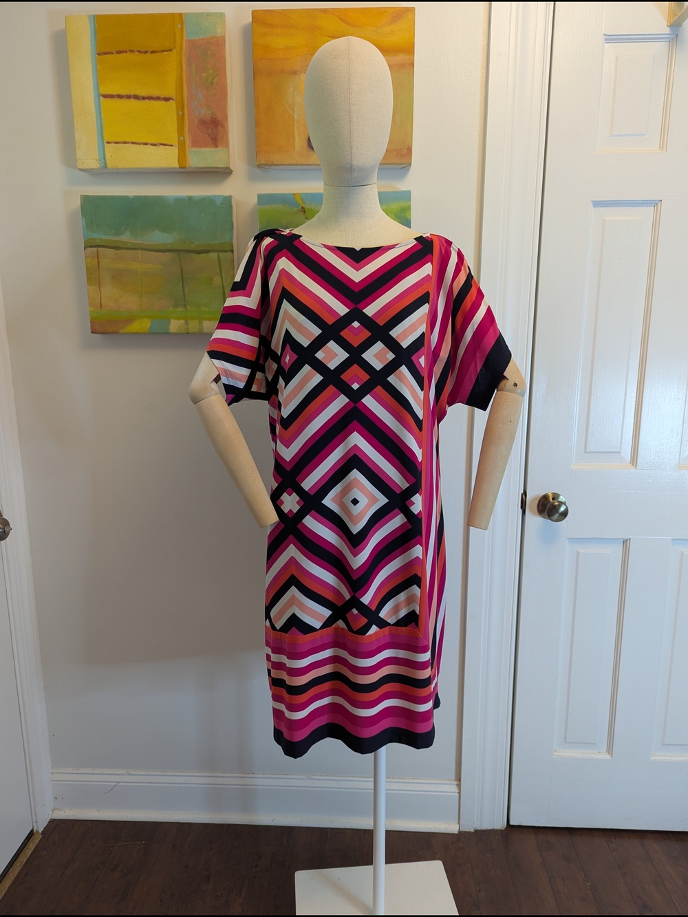 Studio One Pink Navy Geometric Sheath Dress